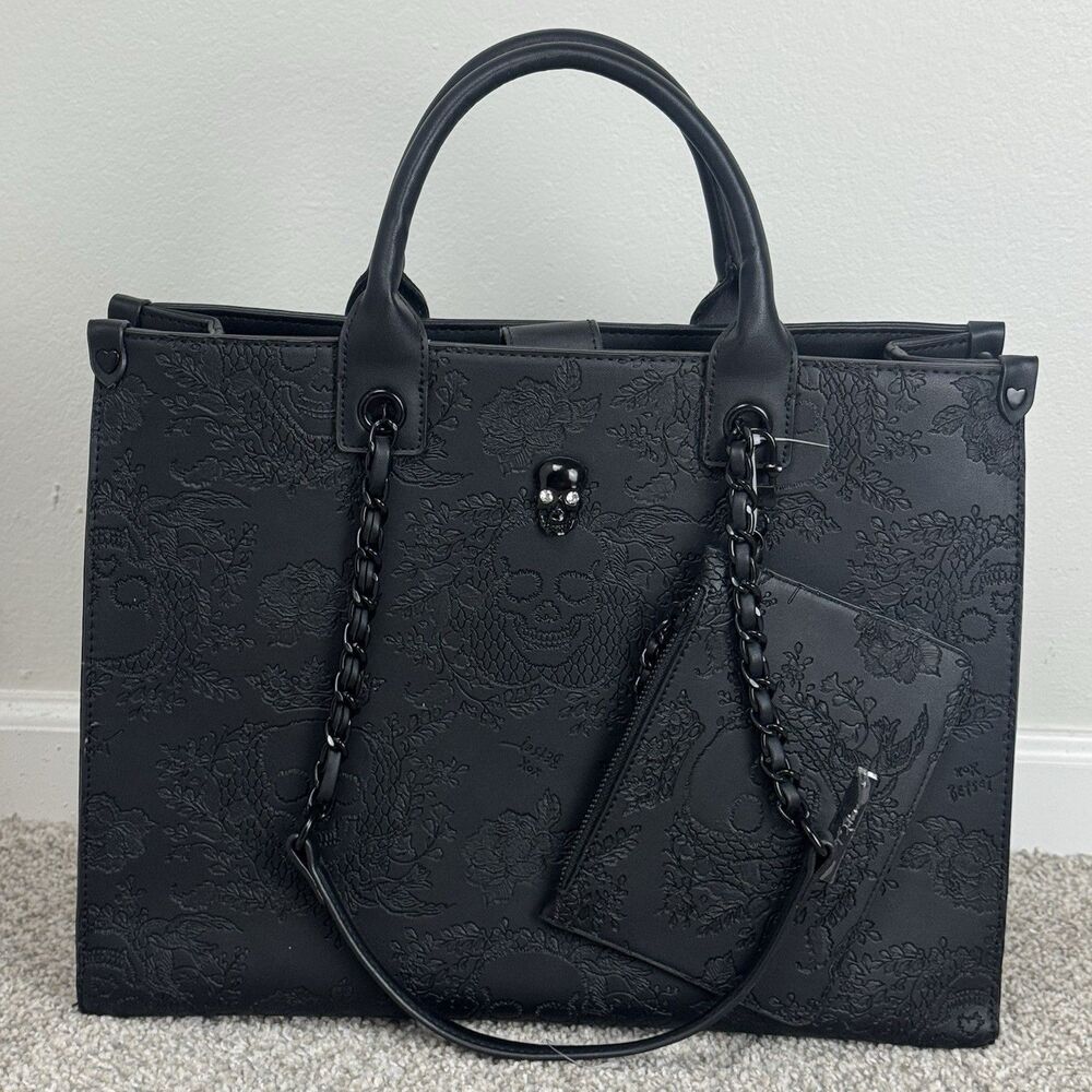 Betsey Johnson Black Embossed Skull Floral Satchel Bag w/Pouch